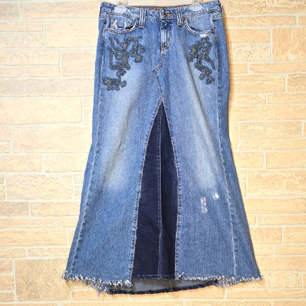 CUSTOM HIPPIE LONG DENIM SKIRT BOHO DISTRESSED MAXI